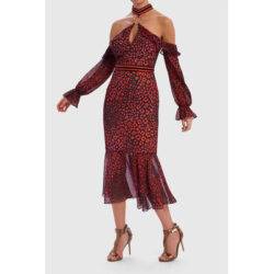 Forever Unique Roxanna Leopard Print Cold-Shoulder Contrast Ruffle Dress - Red - 8